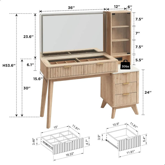 48" Fluted Makeup Vanity Desk with Large 36" Mirror and Lights, Modern Glass Top Big Vanity Table with 5 Drawers & Adjustable