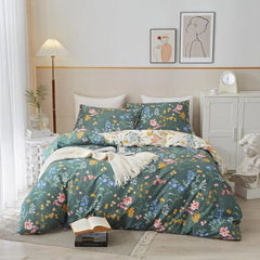 Duvet Cover Queen 100% Cotton, Green Garden Flower Pattern Bedding Duvet Cover Set Full Queen with Pillowcases Durable Zipper