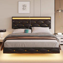 Floating Bed Frame King Size with Led Lights and USB Ports,Faux Leather Platform King Bed Frame with Headboard Easy To Assemble