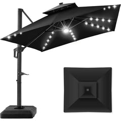 10x10ft 2-Tier Square Cantilever Patio Umbrella with Solar LED Lights, Offset Hanging Outdoor Sun Shade