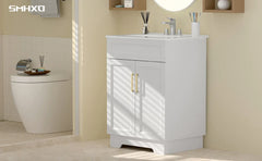 Vanity with Ceramic Sink, Bathroom Vanity Cabinet with 2 Doors, 24 Inches Wooden Bathroom Sink Cabinet, White