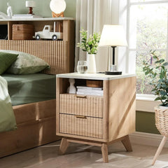 Groove Bedside Table with Charging Station, Artificial Marble Countertop, 2 Drawer Side Tables with Storage Space