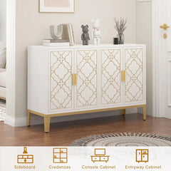 48" Sideboard Buffet Cabinet with Storage, White & Gold Floral Accent Storage Cabinet with 4 Doors, Credenza for Living Room