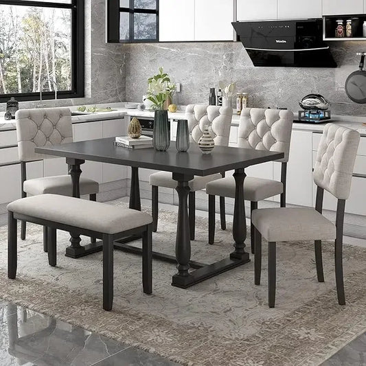 Design a classic and traditional style 6-piece cutlery set, including a dining table, 4 cushioned chairs, and benches