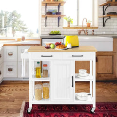 Kitchen Island Cart with Bamboo Countertop, Rolling Kitchen Storage Trolley with 2 Drawers and Adjustable Shelves, Compartment