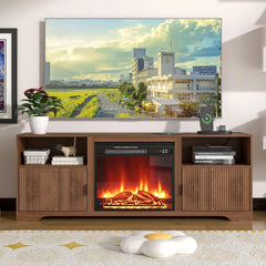 Fireplace TV Stand for Television up to 80 Inch,Entertainment Center with Adjustable Shelf,Mid-Century Modern Fluted TV Stand