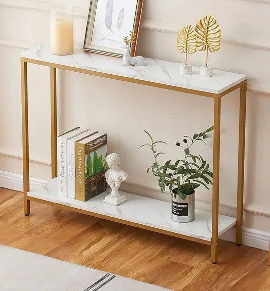 Console Table for Entryway Faux Marble MDF Sofa Table with Golden Frame (Double Layer White Marble)