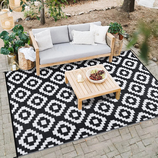 Outdoor Rug Plastic Straw Rug Modern Geometric Waterproof Rug Reversible Outdoor Floor Mat for Patio Porch Backyard Picnic Campi