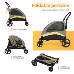 Portable Dog Stroller 4 Wheels for Large Dogs Foldable Pet Cat Travel Carriage Stroller Breathable Carrier for Outside Play