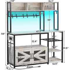 Itaar 47.2 Inch Bakers Rack with Power Outlet, Microwave Stand with Storage, Farmhouse Coffee Bar Cabinet Station with Wine Rack