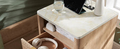 Groove Bedside Table with Charging Station, Artificial Marble Countertop, 2 Drawer Side Tables with Storage Space