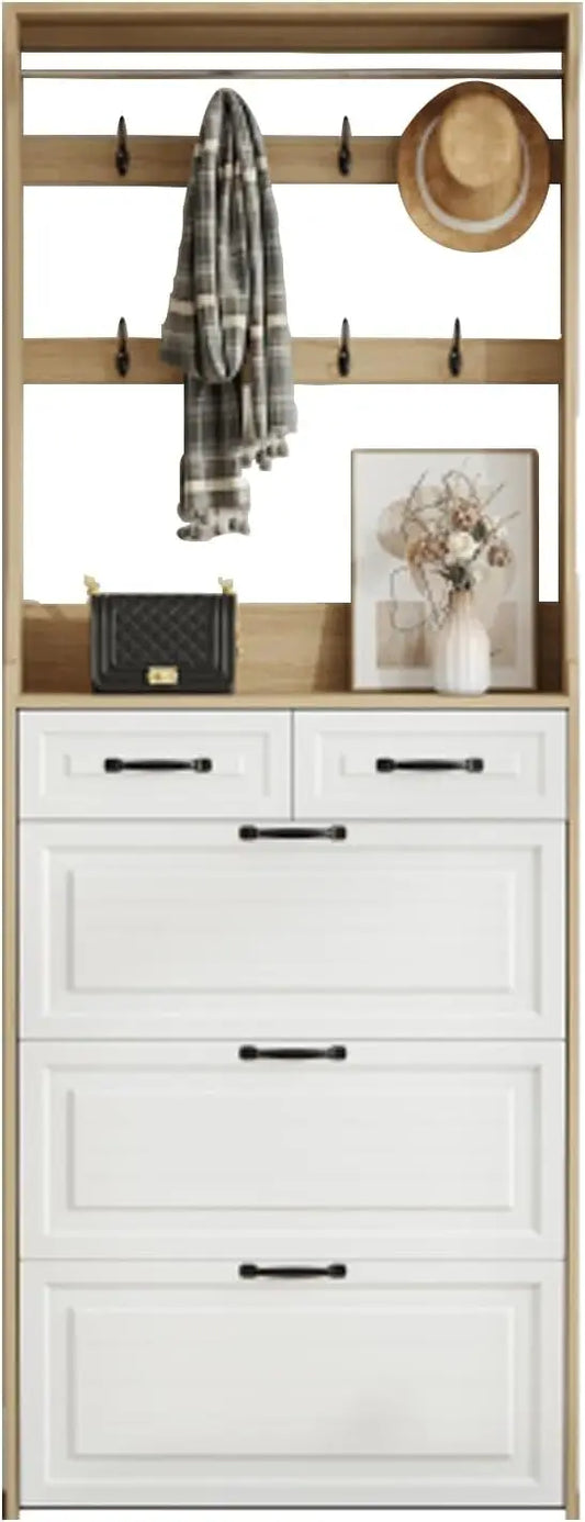 Color Shoe Cabinet with 3 Doors 2 Drawers with Hanger,PVC Door with Shape,Large Space for Storage (White-C)