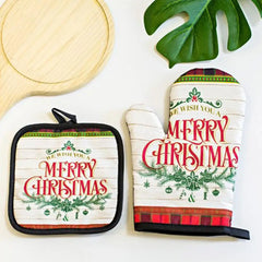 2pcs/Set Christmas Oven Gloves And Pot Holders Set Baking Anti-Hot Gloves Kitchen Cooking BBQ Gloves Xmas Decor New Year 2025