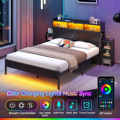 Bed Frame with Bookcase Storage Headboard,Slide Out Bedside Storage, Bed with Charging Station&LED Lights Heavy Duty Metal Slats