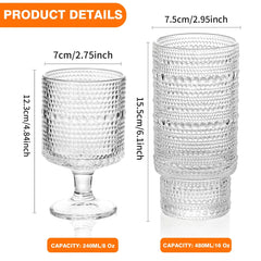 8PCS Vintage Drinking Glasses Hobnail Glassware Includes 8/16 Oz Goblet Wine Glasses Perfect for Beverages Beer Cocktail Whiskey