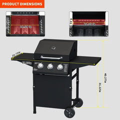 3Burner Propane Gas Outdoor BBQ Grill with Side Tables and Wheels,Open Cart Style,30000 BTU Outdoor Cooking for Barbecue Cooking