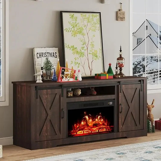 Fireplace TV Stand with Sliding Barn Door for TVs up to 73", Farmhouse 63" Fireplace Entertainment Center with Storage Cabinets