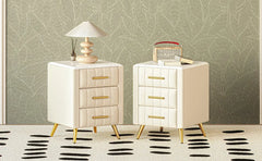 Nightstand with Drawers Set of 2, Upholstered Wood Bedside End Table with Marbling Top, 2 Pack, Beige and Beige