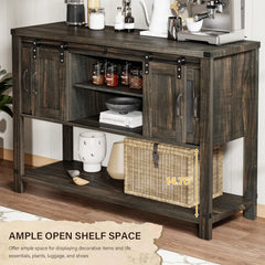 Farmhouse Coffee Bar Cabinet with 2 Sliding Barn Doors, Modern Buffet Sideboard Cabinet with Open Shelf, Entryway Table