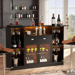 Bar Table Cabinet with LED & Drawer, Mini Liquor Bar with 8-Tier Storage & Stemware Holder, Crescent Shaped Counter for Home Pub