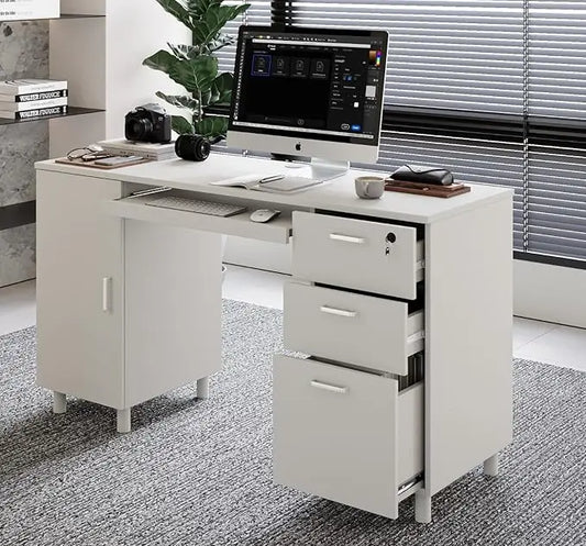 Venice Computer Desk - Office Desk with 3 Drawers & CPU Storage Cabinet - Laptop Workstation with Keyboard Tray & Cable Hole