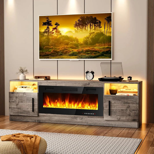 Fireplace TV Stand 70"Wooden TV Stand for TVs Up to 80"Media TV Console with High Gloss Storage Cabinet and 16 Colors LED Lights