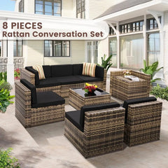 8PCS Outdoor Wicker Rattan Patio Furniture Sectional Set with Hidden Storage 7 Sofa Sections Oversized Cushions