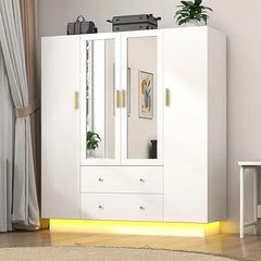 3 Door Wardrobe Closet with Mirror & LED Lights, Bedroom Armoire with Drawers & Shelves, Modern Wooden Armoire Wardr