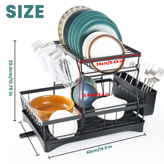 Large 2-tier dish drying rack for kitchen countertops, removable large-capacity dish draining rack