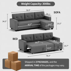 Furniwell Sleeper Sofa, Sofa Bed with Storage Chaise, Tufted Linen Sofa Sleeper, Small L-Shape Pull Out Bed Sectional Couches fo