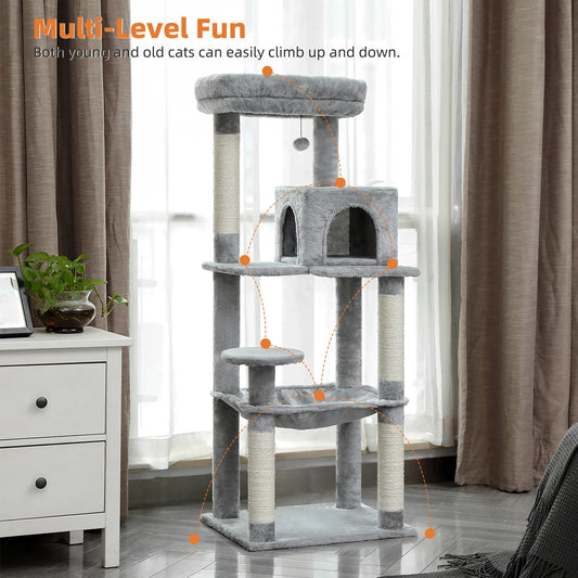 Cat Tree for Indoor Cats 5-Level Cat Tower for Large Cats with Large Hammock Sisal Covered Scratching Posts Cozy Condo Top Perch