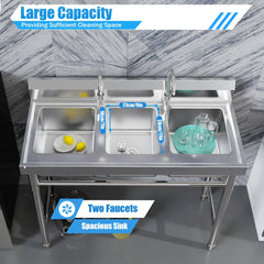 3 Compartment Freestanding Stainless Steel Utility Sink Commercial Kitchen Sink Laundry Basin with 2 Hot Cold Faucets + 3 Drains