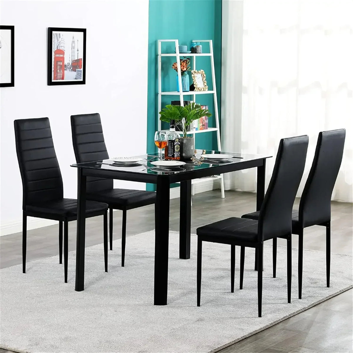 4-person Dining Table Set, Small Tempered Glass Dining Table, Kitchen Table and Chair Set Suitable for Small Spaces