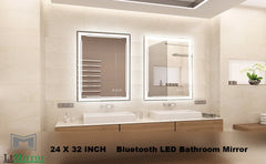 24x32 Lighted Bathroom Mirror with Bluetooth Speaker - Smart LED Makeup Wall Mounted Mirrors - 3 Lights Setting Anti-Fog