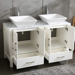 Double Sink White Bathroom Vanity Cabinet Solid Wood Marble Top Mirror Faucet&Drain Set White sink