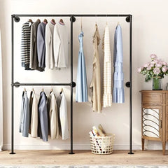 Industrial Pipe Clothing Racks with Double Bar, Industrial Black Clothes Racks Wall Mounted, Heavy Duty Closet Rods