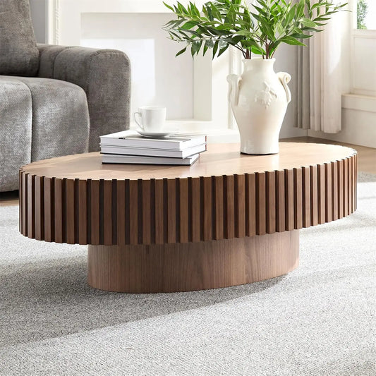 43.7''Oval Drum Coffee Table Handcrafted Relief Sturdy Pedestal Wooden Olive-Shaped Tea Table for Living Room