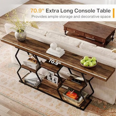 Extra Long Console Table with Shelves, Narrow Sofa Table Behind Couch with Storage, Industrial Entryway Table TV Stand