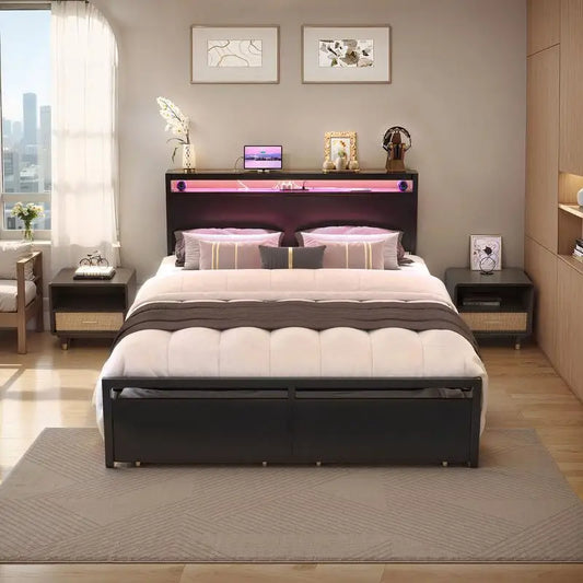 Bed Frame with 2 Storage Drawers & Headboard, Charging Station, Smart LED Lights, Luxury Double/Queen Bed, Man Cave Furniture