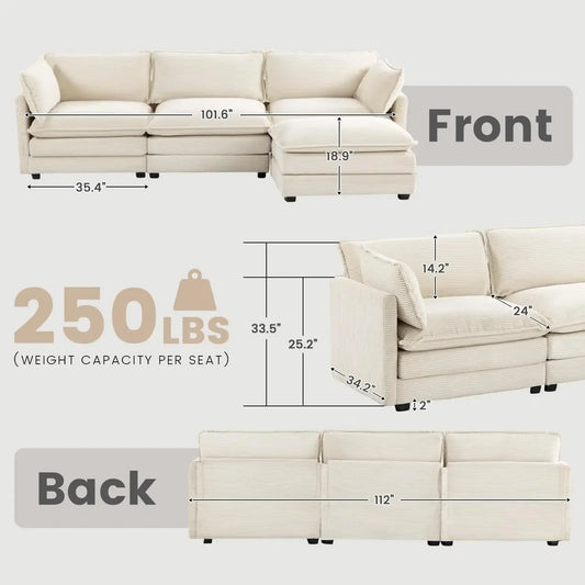 Movable Ottoman, 112 Inch 4 Seat Modern Corduroy Sofa Set, Convertible L Shaped Couch for Living Room and Office, Beige