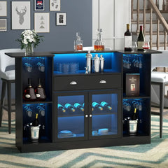 Bar Table Cabinet with LED & Drawer, Mini Liquor Bar with 8-Tier Storage & Stemware Holder, Crescent Shaped Counter for Home Pub