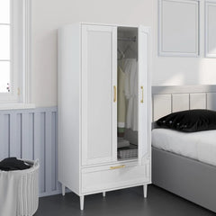 Bedroom Armoire Wardrobe Closet with Hanging Rod,60" 2 Door Almirah for Clothes with Drawers,Morden Storage Cabinet,White