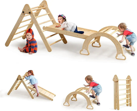 5 in 1 Pikler Triangle Set Wooden Montessori Climbing Set Inside Foldable with Ladder Ramp Arch Rocker and Slide Climbing Toys