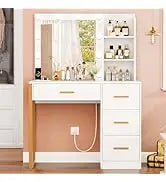 65.9'' Vanity Desk with LED Lighted Mirror;Power Outlet,Modern Corner Makeup Vanity Table 8 Drawers; Open Shelve, Dressing Table