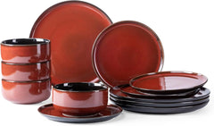 Ceramic Dinnerware Sets,12-Piece Plates and Bowls,Handmade Reactive Glaze Dishes Set,Chip Resistant and Scratch Resistant