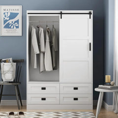 Armoire Wardrobe Closet with Sliding barn Door, Wardrobe Cabinet with 4 Storage Drawers and Hanging Rail, Wooden Closet