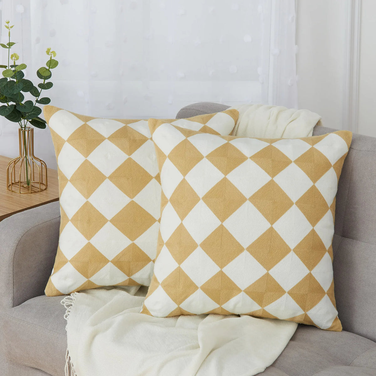 Throw Pillow Covers 18 x 18 Checkered Embroidered Couch Pillow for Living Room Set of 2