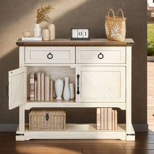 Farmhouse Sideboard Buffet Storage Cabinet with 2 Drawers Coffee Bar with Shelf