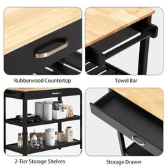 Kitchen Island Carts on Wheels w/Rubberwood Top, Mobile Rolling Cart with Storage Drawer & Shelves, Kitchen Islands Table, Black