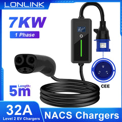 LONLINK 7KW Portable EV Charger for Tesla Model 3/X/Y/S Highland 2024 EVSE Fast Charging Cable 13-50 Plug Electric Car Wallbox